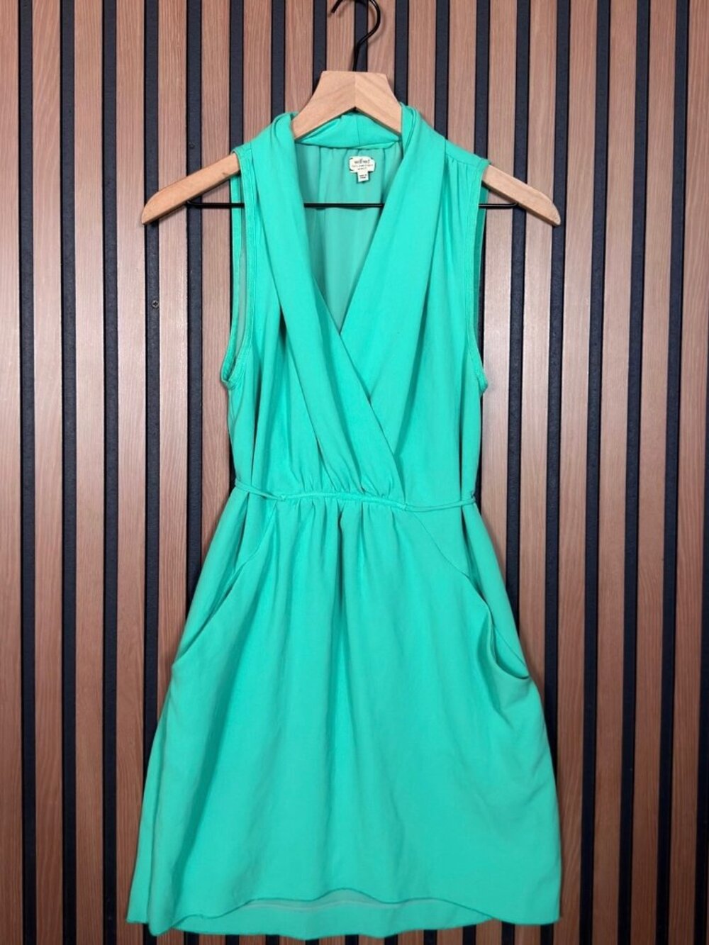 Wilfred Dress XS Womens Turquoise Blue Faux Wrap Drapey Pockets Midi Waist Tie